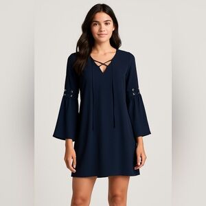 Venus Navy Blue Bell Sleeve Mini Dress Women’s Size S Lace-Up Detail Boho Party
